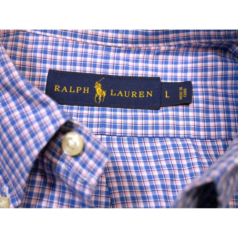 Ralph Lauren Mens Large Blue Pink Plaid Button Down Shirt Long Sleeve Pony‎ Logo